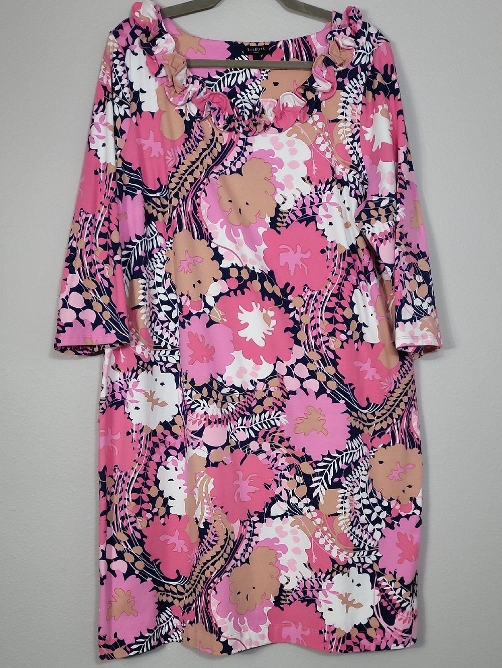 Talbots Floral Ruffle Neck Dress Size 1X Plus Pink Blue Cotton Preppy Church